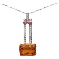 Retro 16.70 Carat Madeira Citrine 1.10 Carat Diamond Ruby Unique 18 KT Pendant