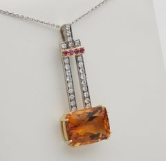 Retro 16.70 Carat Madeira Citrine 1.10 Carat Diamond Ruby Unique 18 KT Pendant