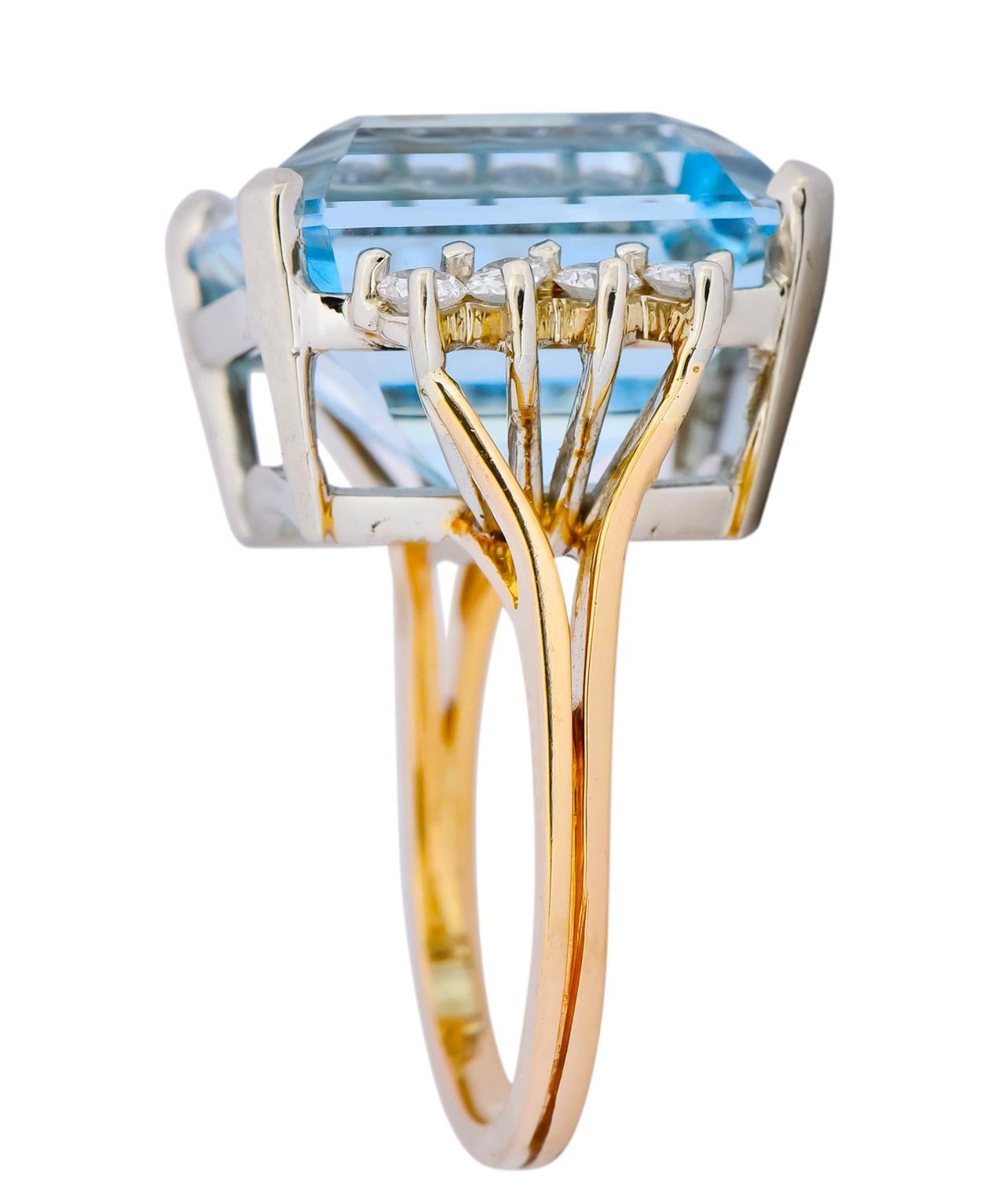 Retro 16.78 Carat Aquamarine Diamond 18 Karat Two-Tone Gold Cocktail Ring In Excellent Condition In Philadelphia, PA