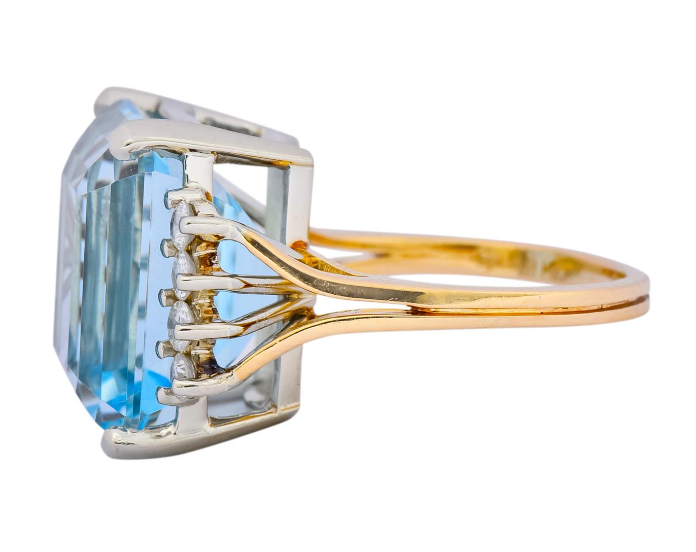 Women's or Men's Retro 16.78 Carat Aquamarine Diamond 18 Karat Two-Tone Gold Cocktail Ring