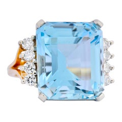 Vintage 16.78 Carat Aquamarine Diamond 18 Karat Two-Tone Gold Cocktail Ring