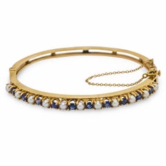 Retro 1.70 carat sapphire pearl 14k yellow gold bangle