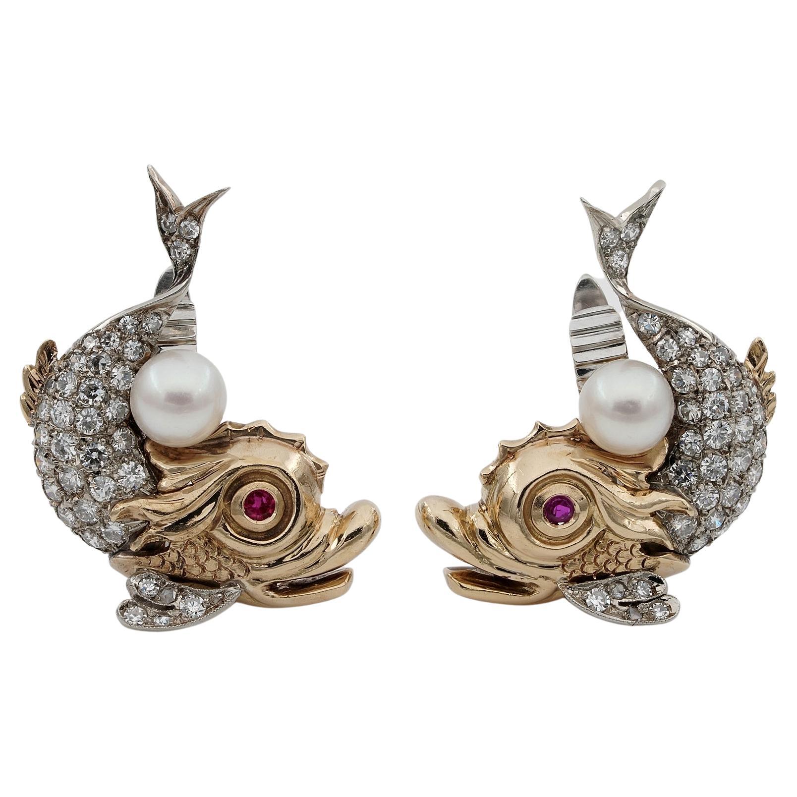 Boucles d'oreilles rétro en forme de dauphin avec diamants 1,70 carat et perle G VVS