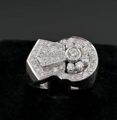 Art Deco 1.73 Ct Diamond Buckle Ring, 18K White Gold, Italy Circa 1935