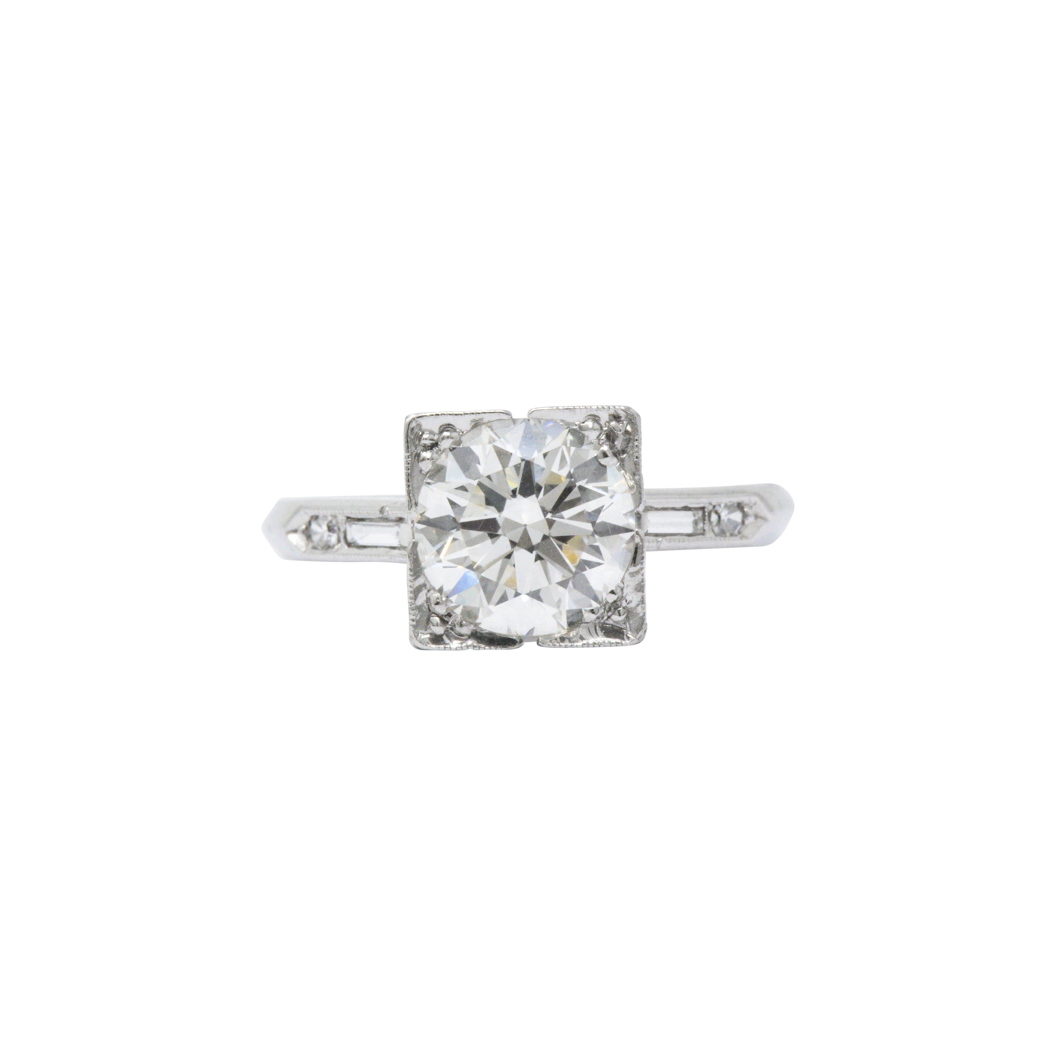 Art Deco 1950's Mid-Century 1.75 CTW Diamond Platinum Engagement Ring GIA