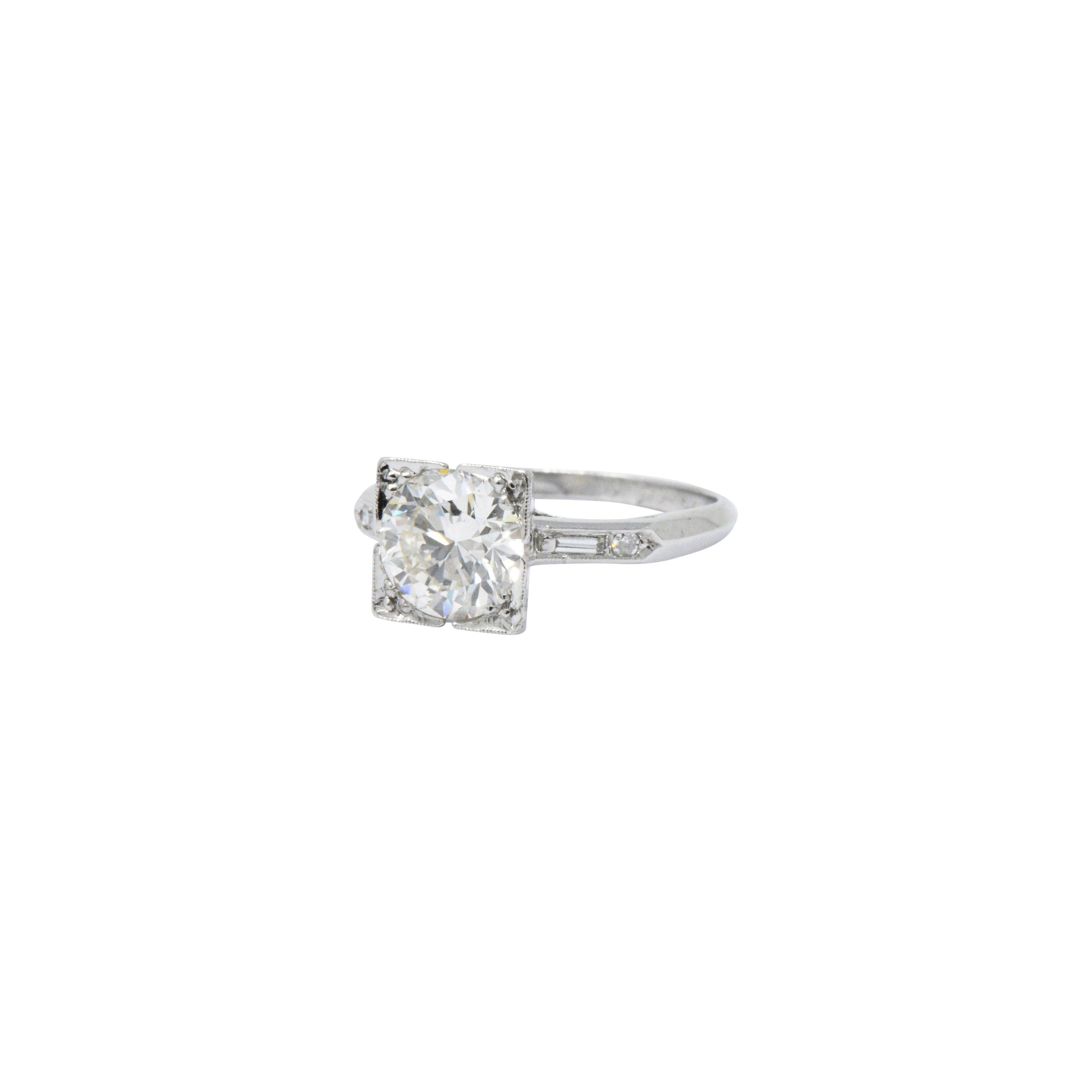 1950's Mid-Century 1.75 CTW Diamond Platinum Engagement Ring GIA In Excellent Condition In Philadelphia, PA