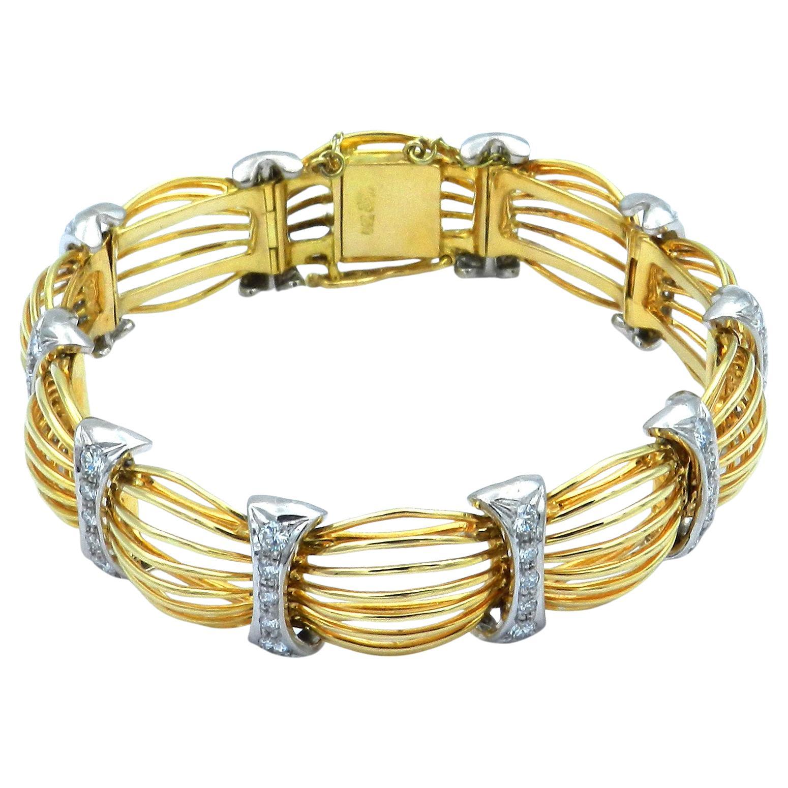 Retro 1.8 Carat Diamond 18k Two Tone Gold Link Bracelet, circa 1950 For Sale