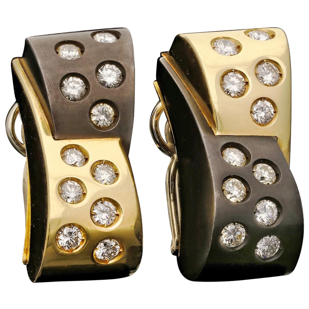 Retro 18 Carat Gold, Black Rhodium and Diamond Earrings by Illario, circa 1950s