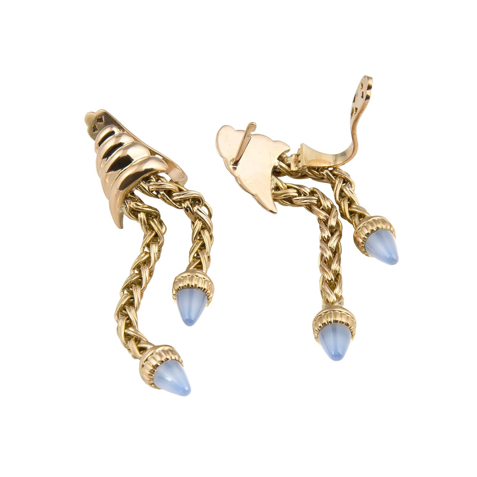 Retro 18 Karat Gold Blue Stones Dangling Earrings In Excellent Condition For Sale In Madrid, ES