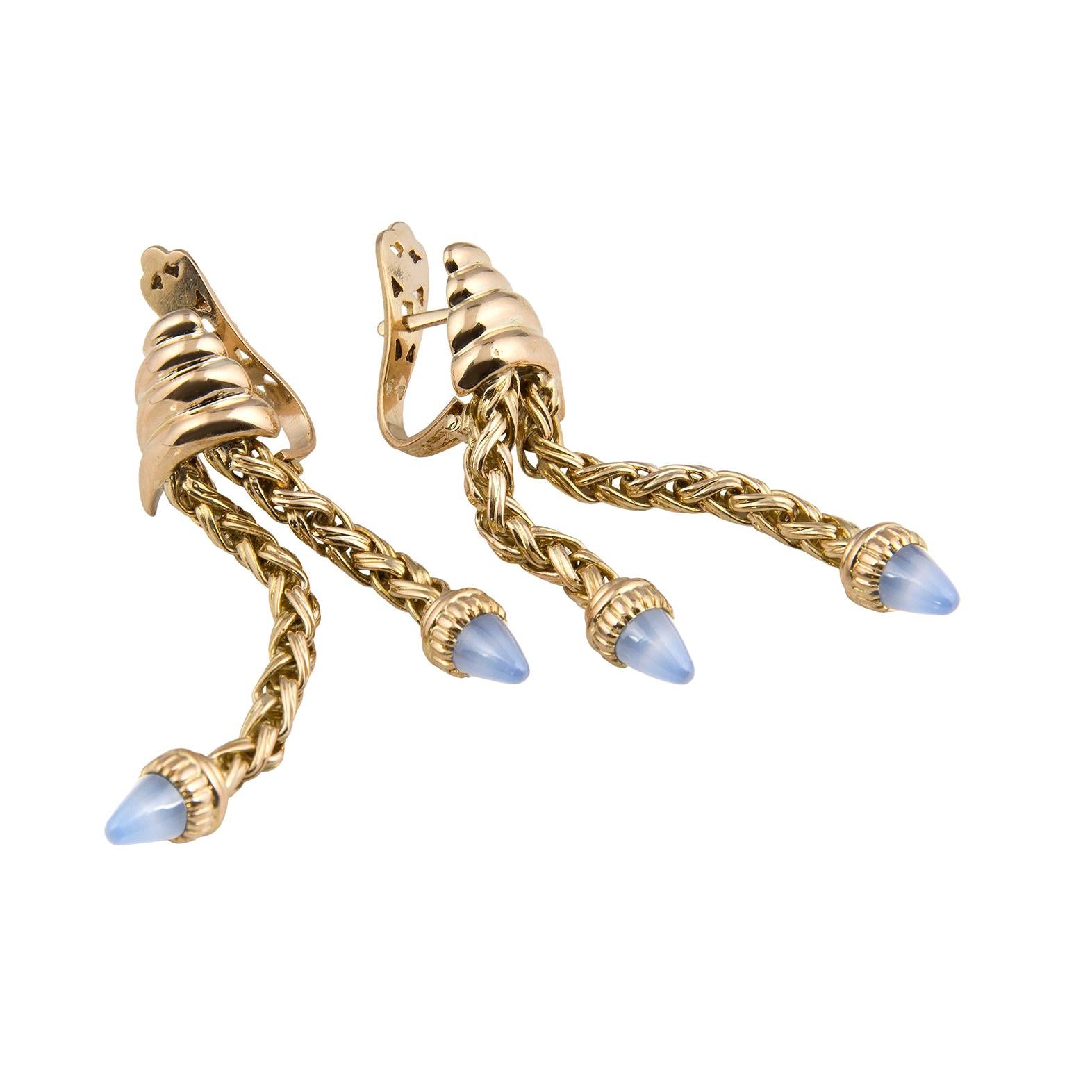 Retro 18 Karat Gold Blue Stones Dangling Earrings For Sale