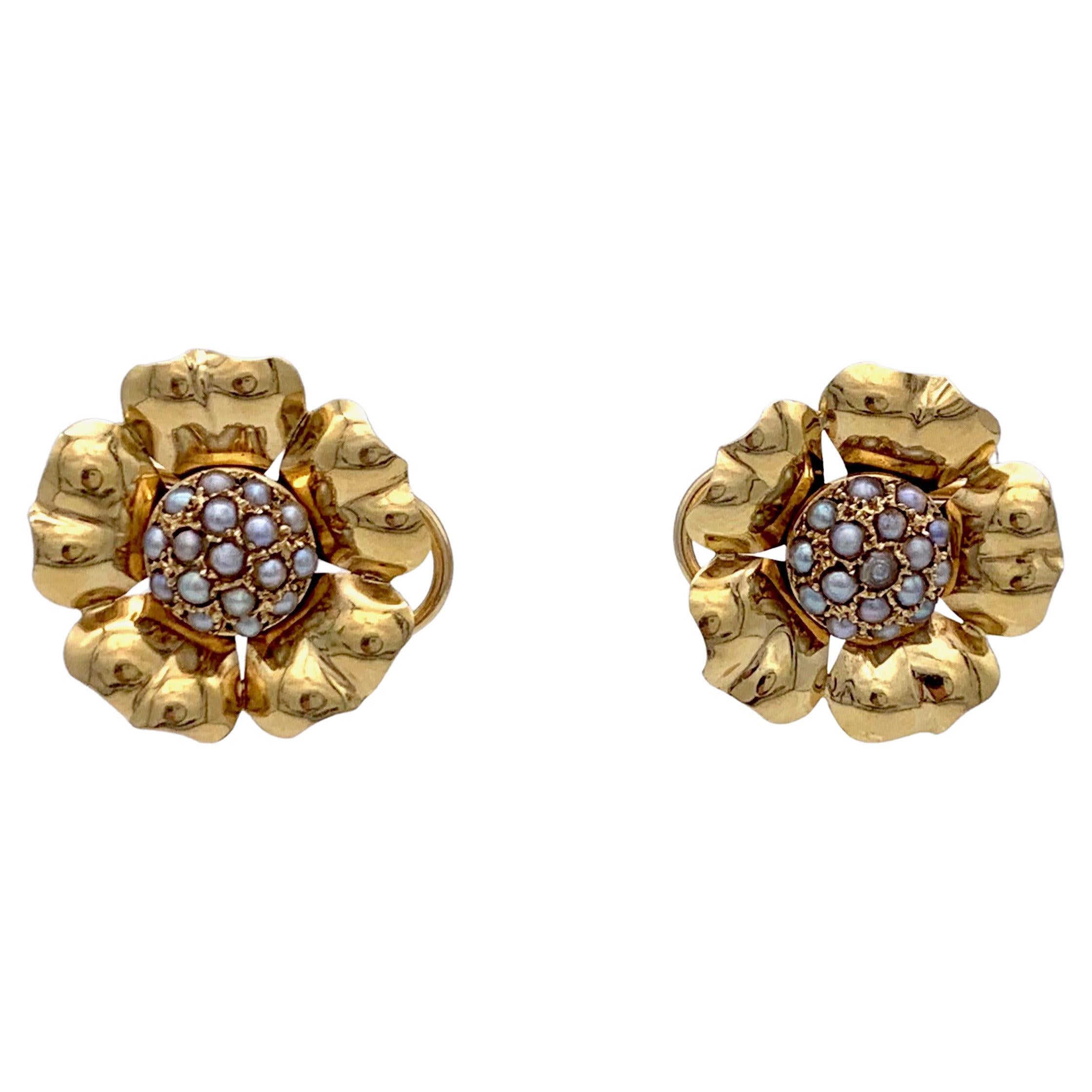 Retro 18 Karat Gold Clip on Earrings Flowers Pearls For Sale