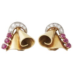 Retro 18 Karat Gold Platinum Ruby and Diamond Clip-On Earrings, circa 1940