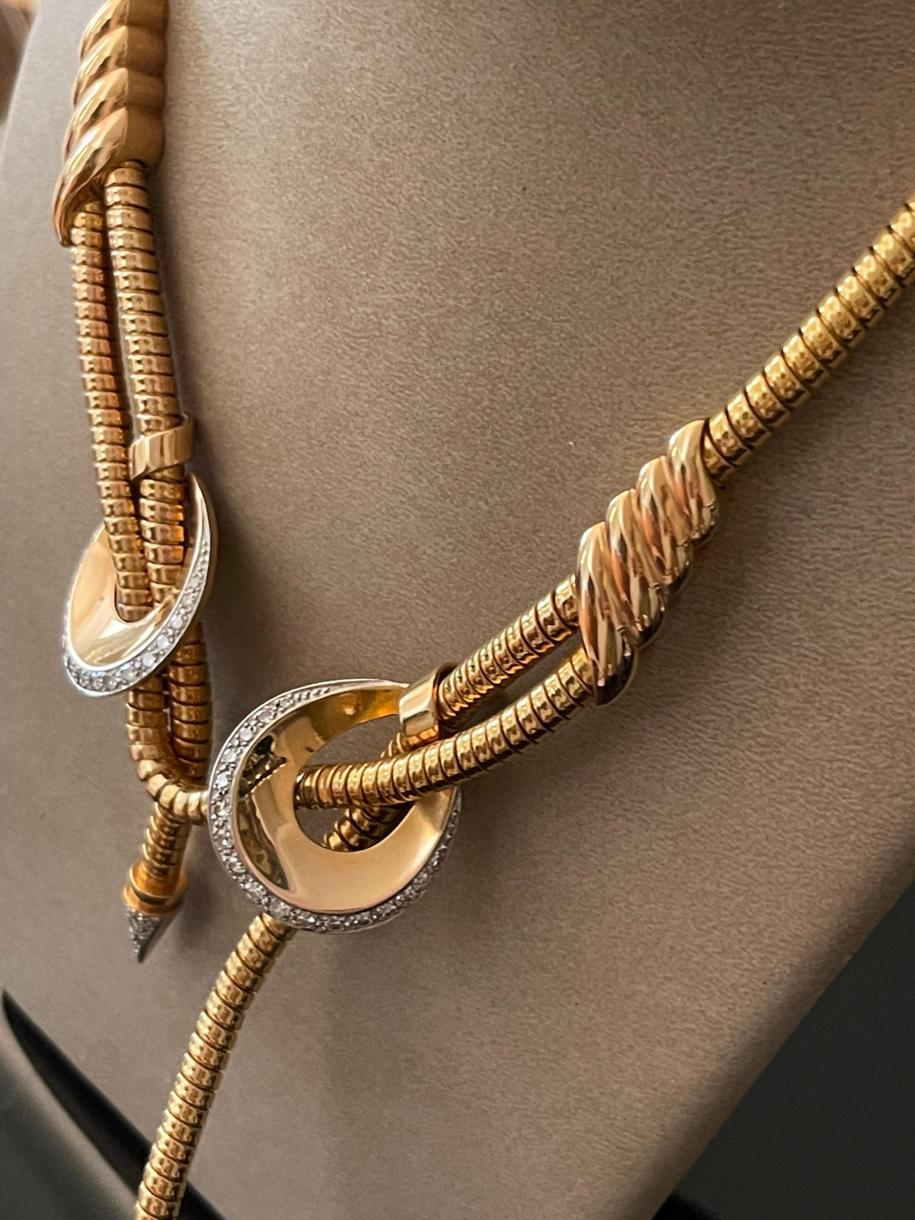 Retro 18 Karat rose Gold Platinum Gas Pipe Necklace with Diamonds, 1940s 4