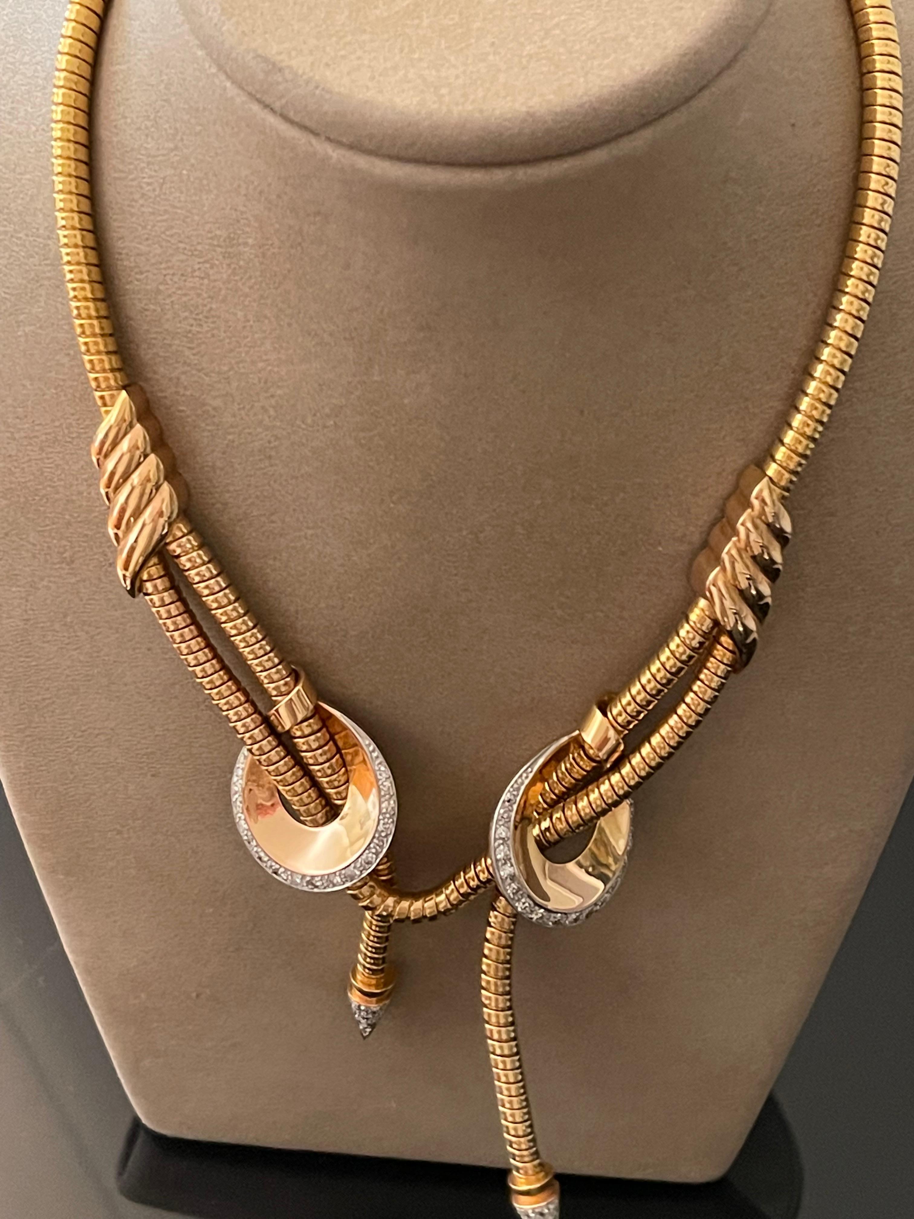 Retro 18 Karat rose Gold Platinum Gas Pipe Necklace with Diamonds, 1940s 6