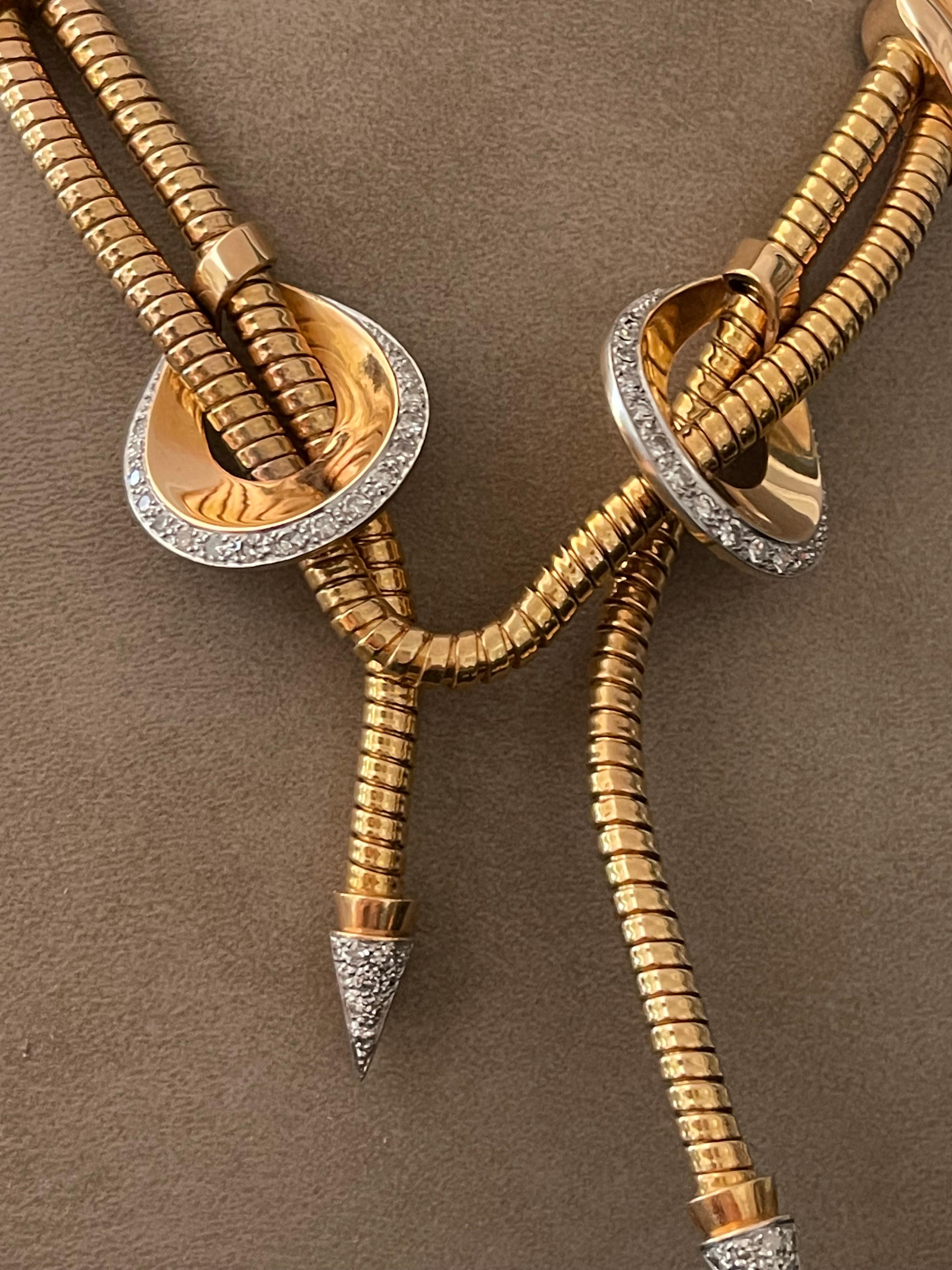 Retro 18 Karat rose Gold Platinum Gas Pipe Necklace with Diamonds, 1940s 7