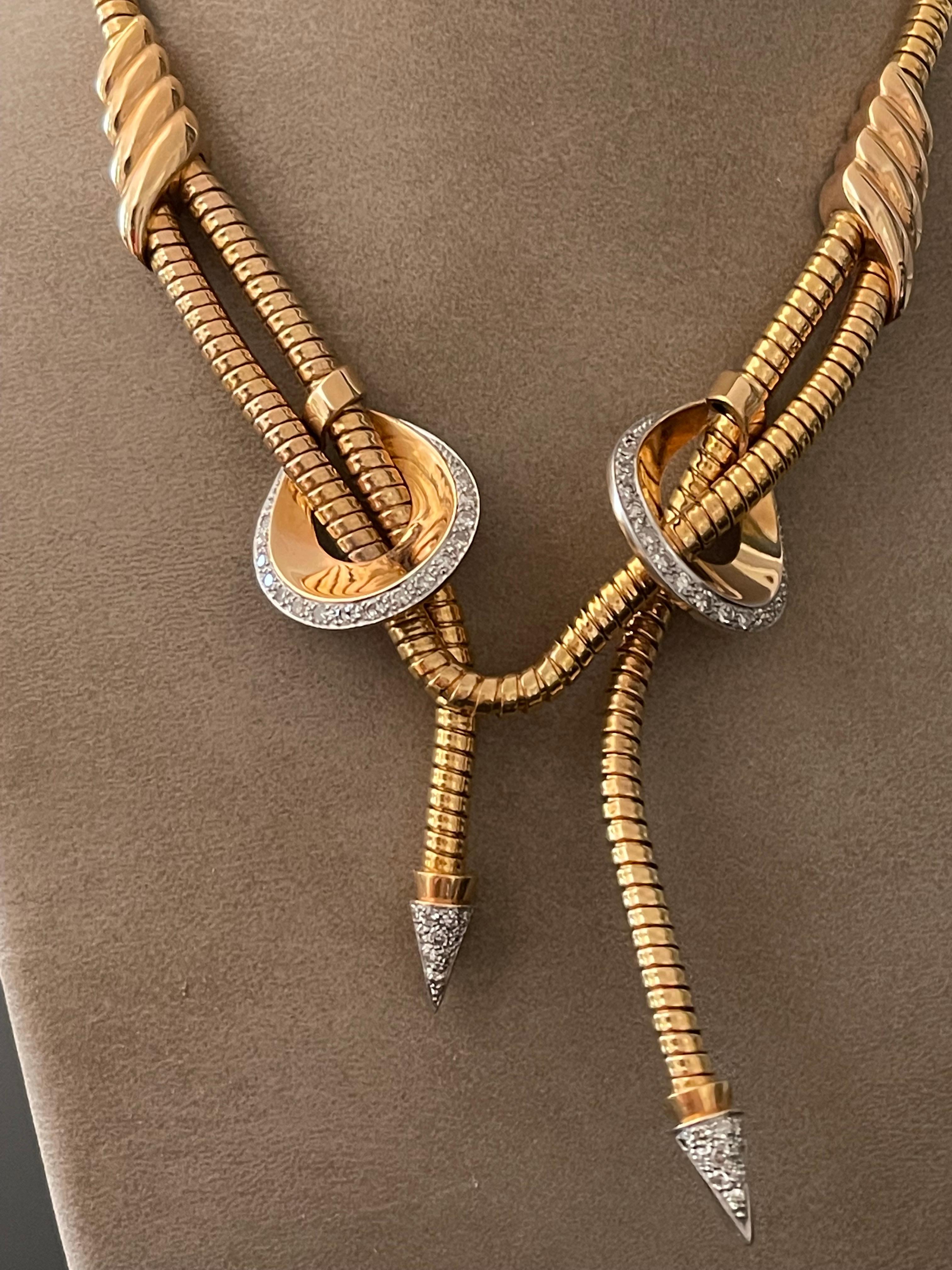 Retro 18 Karat rose Gold Platinum Gas Pipe Necklace with Diamonds, 1940s 8