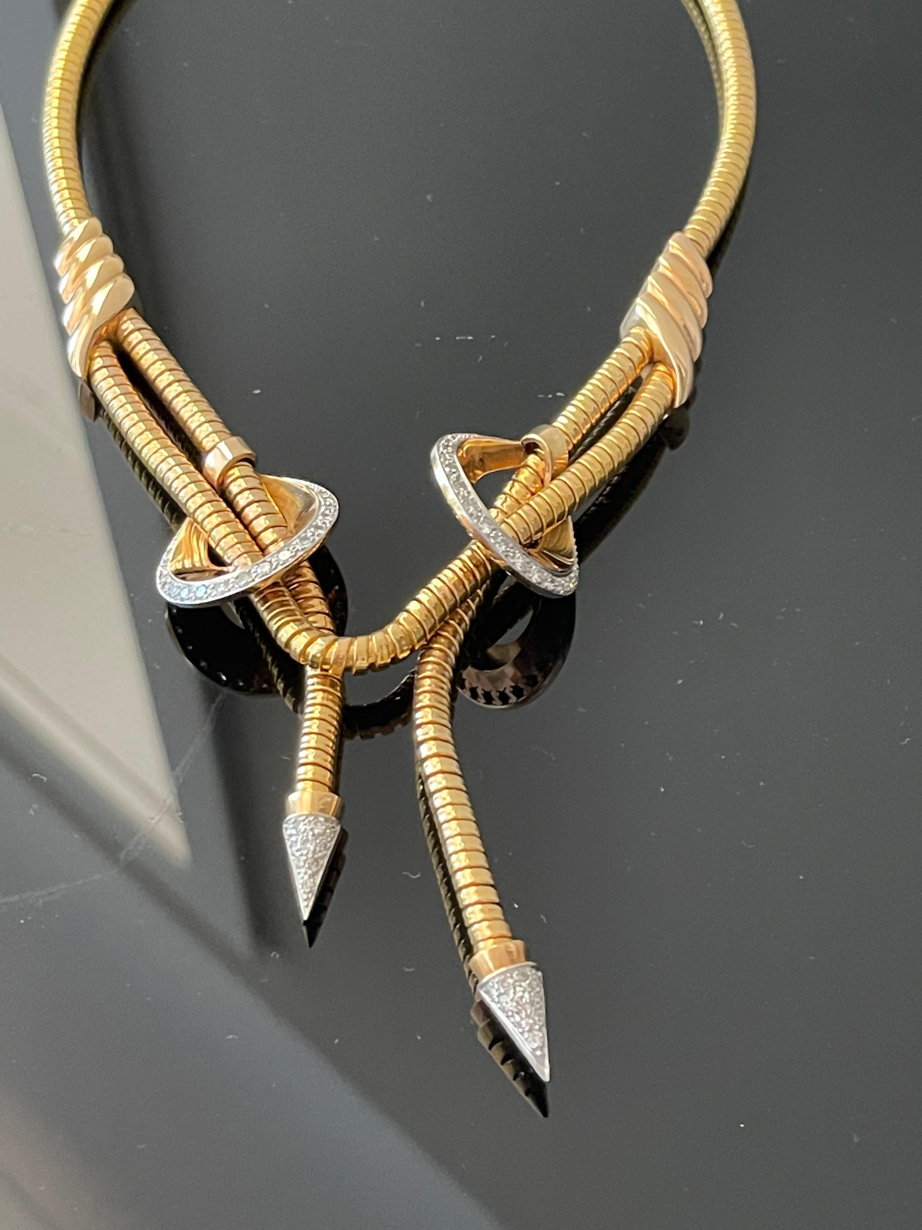 A fine Retro 18 K rose Gold and Platinum diamond  gas pipe necklace dating circa from 1940. This was a very popular style in the 1940 s and this necklace incorporates the fine workmanship from the retro period. Set with diamonds that are single cut