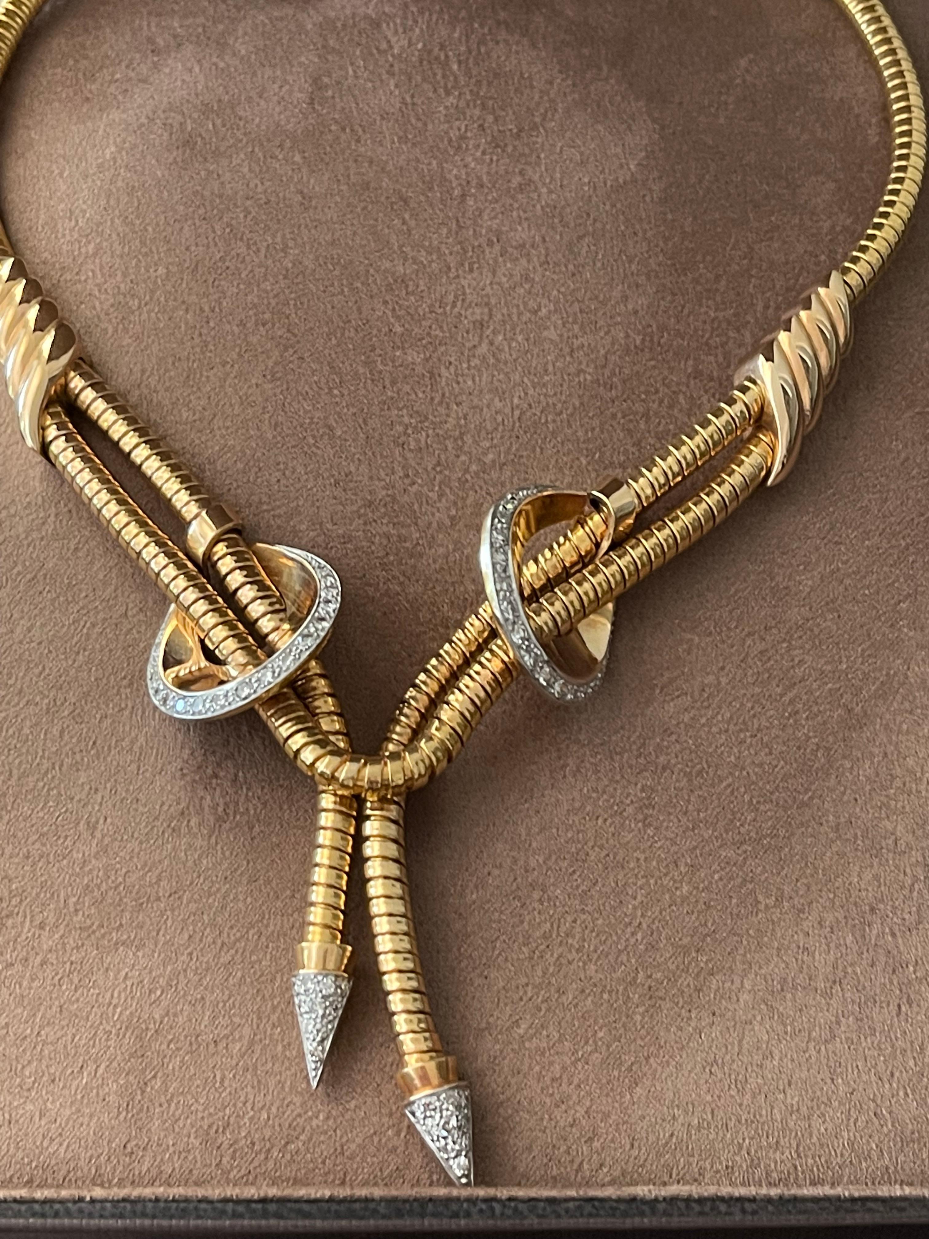 Single Cut Retro 18 Karat rose Gold Platinum Gas Pipe Necklace with Diamonds, 1940s