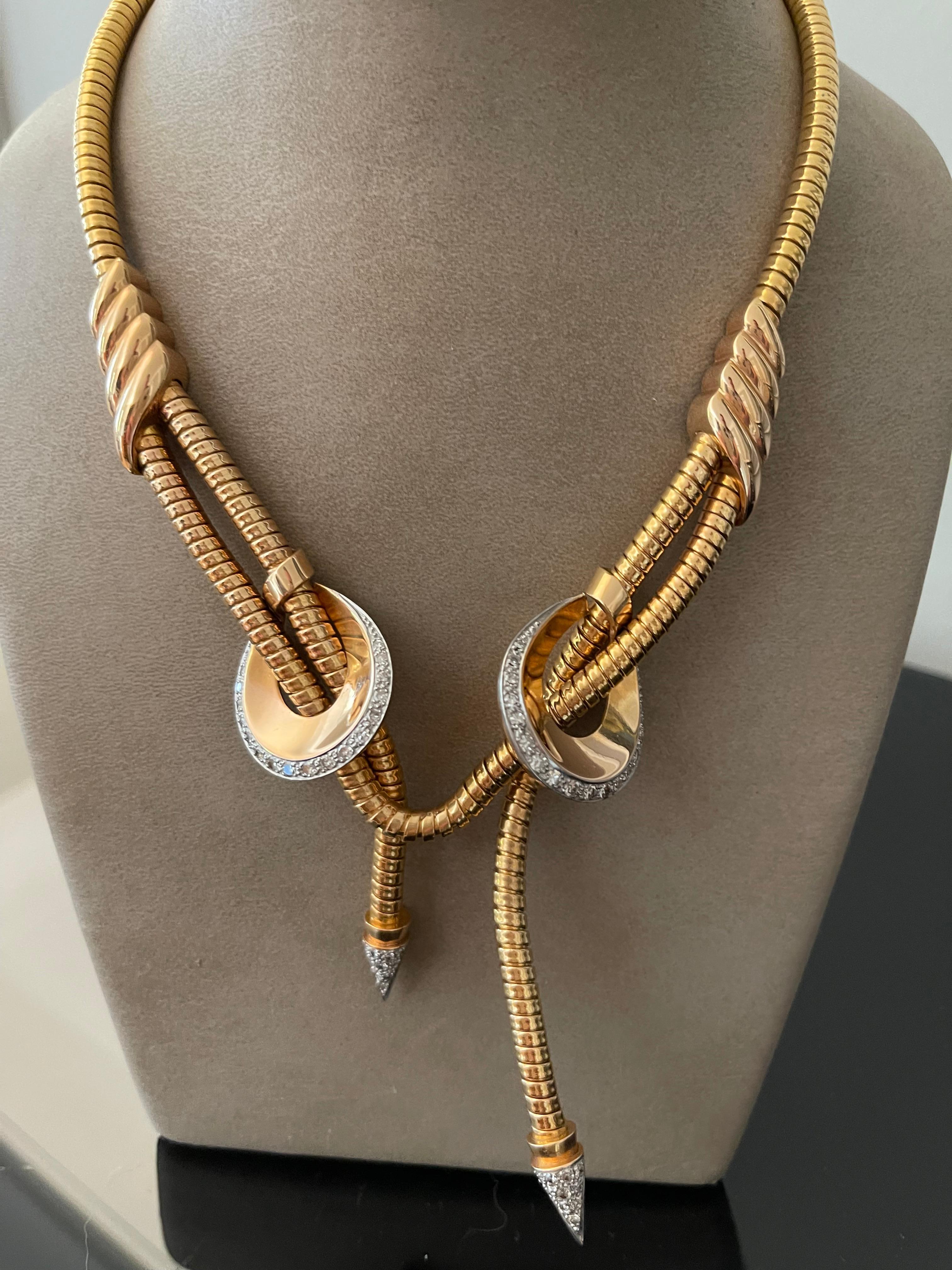 Retro 18 Karat rose Gold Platinum Gas Pipe Necklace with Diamonds, 1940s In Good Condition In Zurich, Zollstrasse