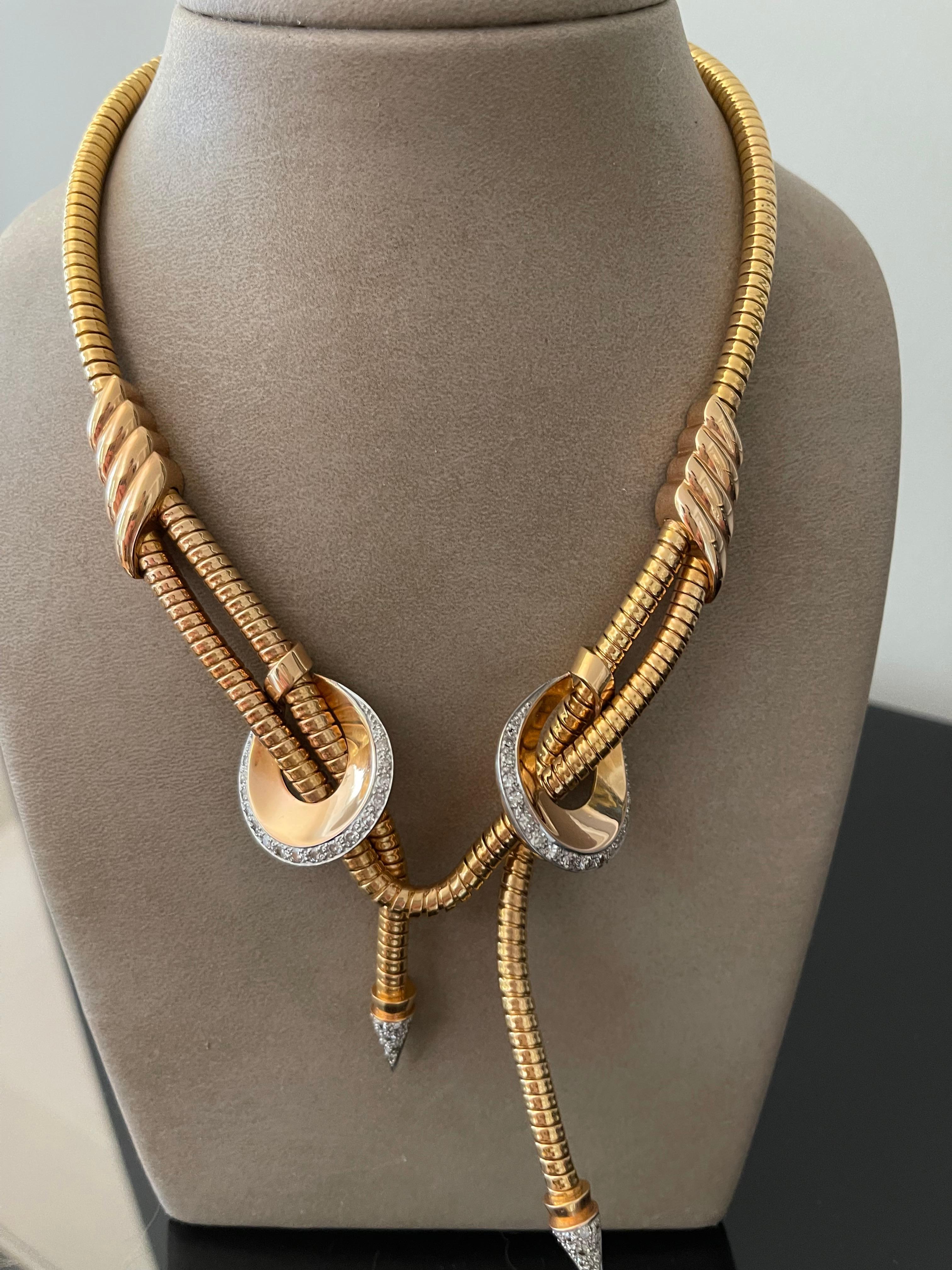 Women's Retro 18 Karat rose Gold Platinum Gas Pipe Necklace with Diamonds, 1940s