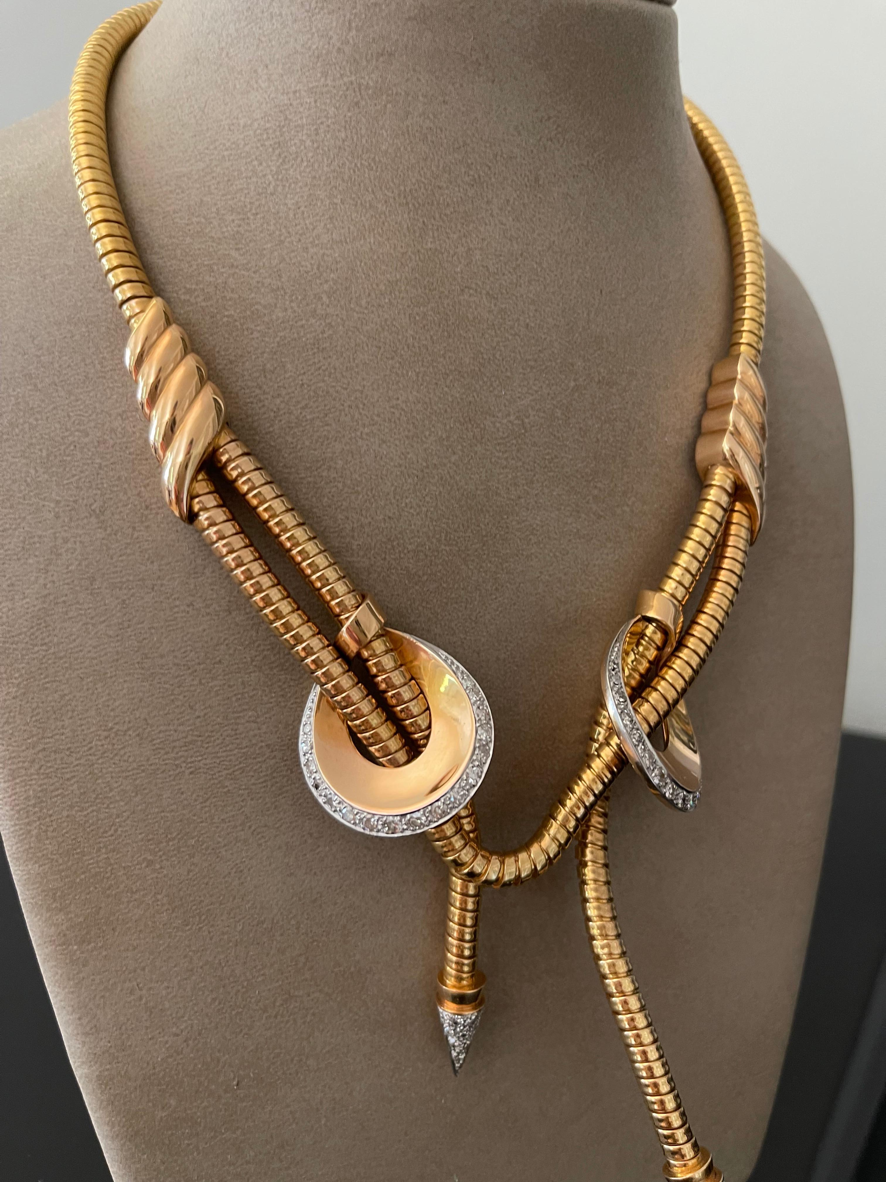 Retro 18 Karat rose Gold Platinum Gas Pipe Necklace with Diamonds, 1940s 1