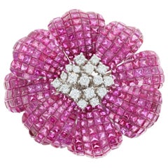 Retro 18 Karat White Gold 25 Carat Ruby and 1 Carat Diamond Flower Brooch