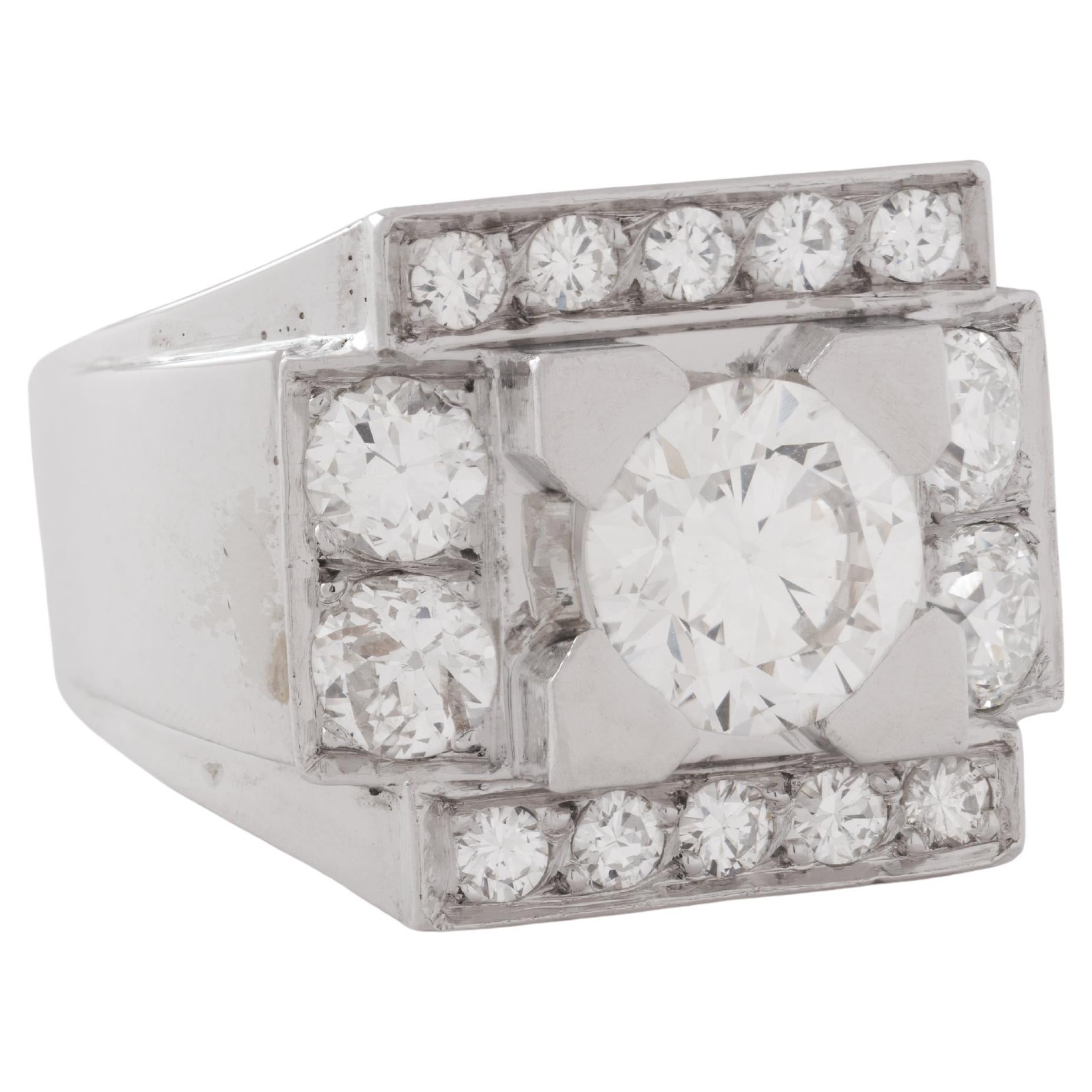 Anello francese retrò con serbatoio in oro bianco 18 carati e diamanti da 2,50 carati in vendita