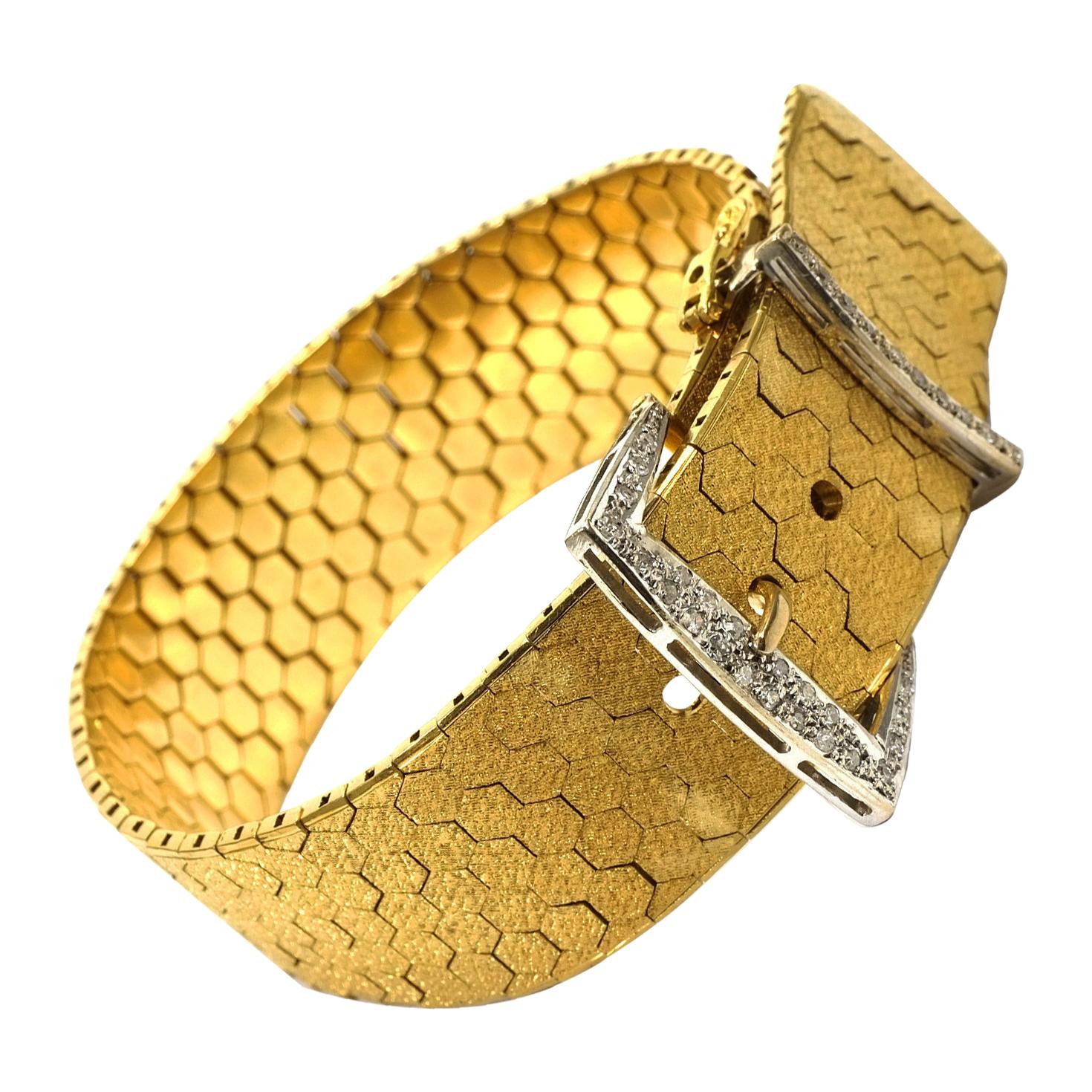 Retro 18 Karat Yellow Gold and 0.32 Carat Diamond Buckle Bracelet, circa 1940