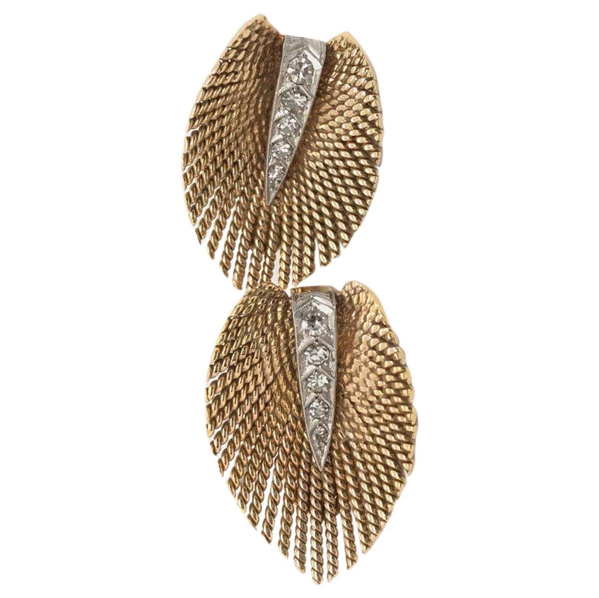 Retro 18 Karat Yellow Gold and Diamond Leaf Ear Clips 6