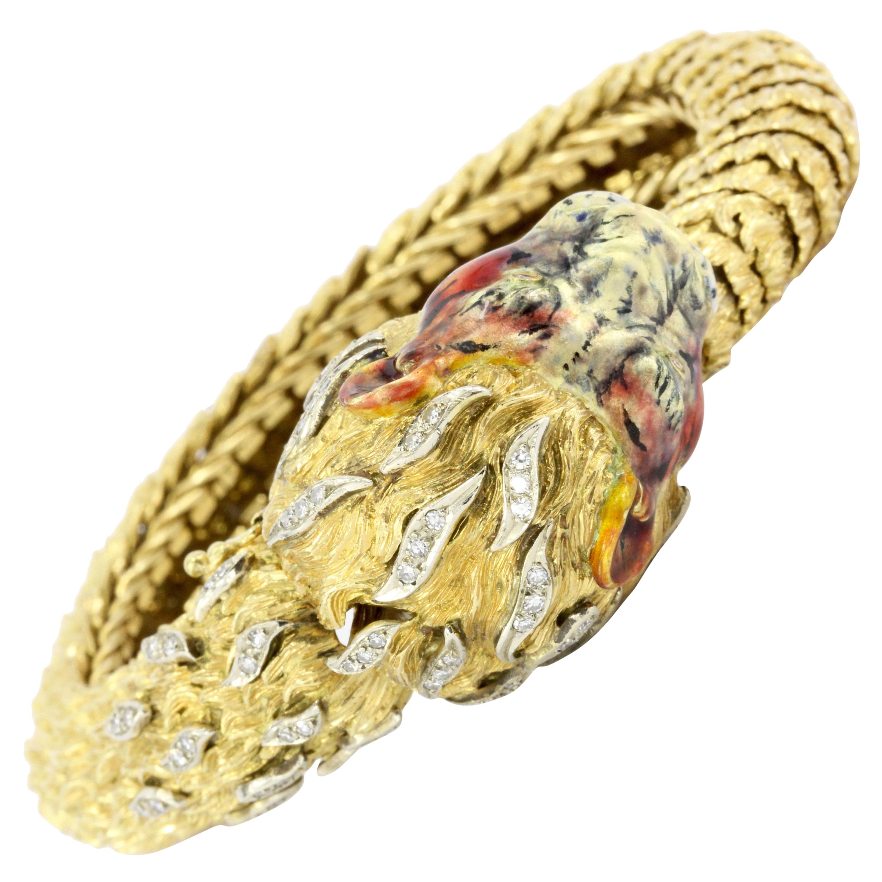 Retro 18 Karat Yellow Gold Diamond and Enamel Lion Head Bracelet