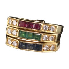 Retro 18 Karat Yellow Gold Diamond, Emerald, Sapphire, and Ruby Harem Ring