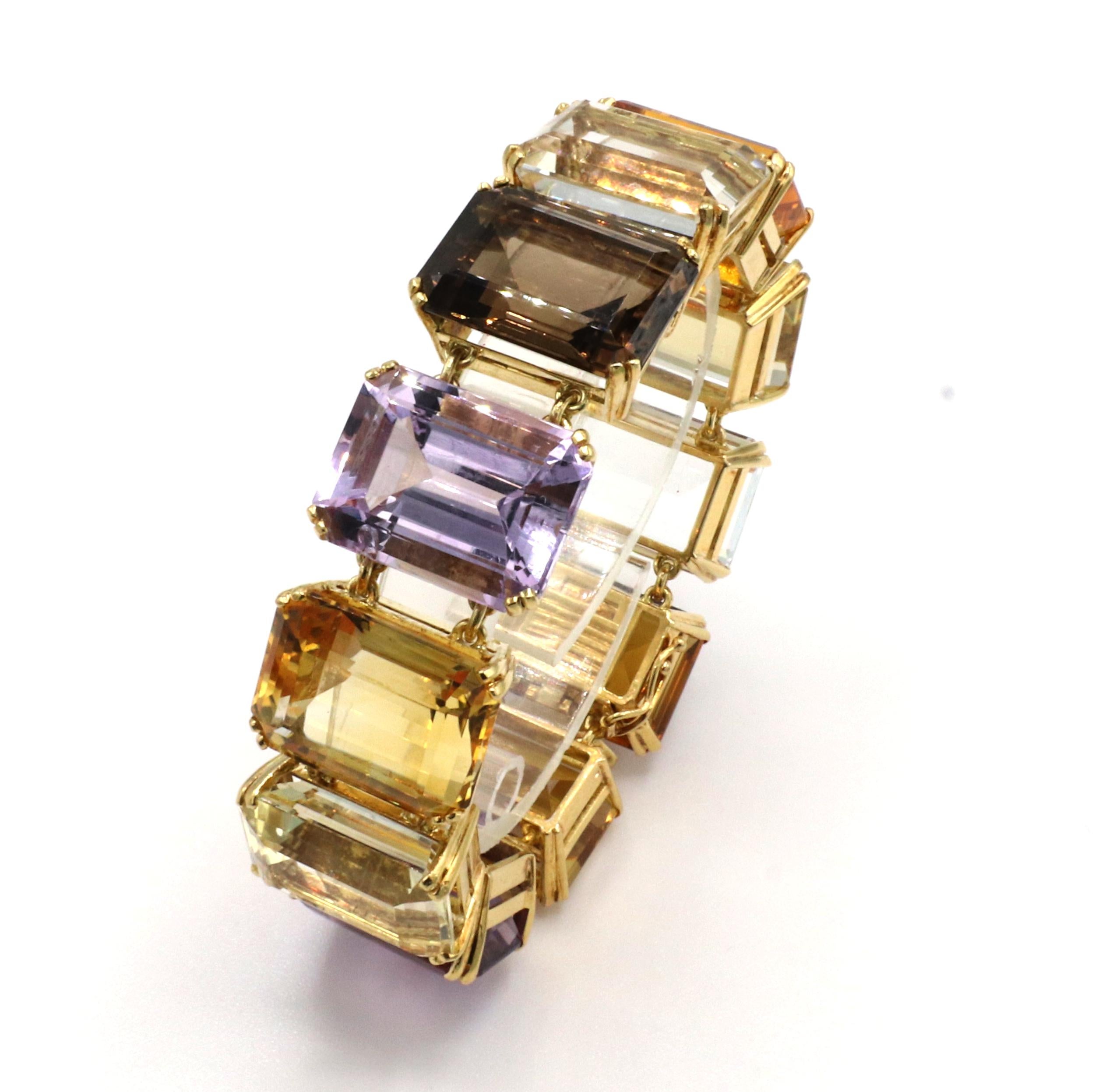 Emerald Cut Retro 18 Karat Yellow Gold Multi-Colored Gemstone Bracelet