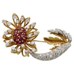 Retro 18 Karat Yellow Gold Natural Diamond & Ruby Flower Brooch Pin