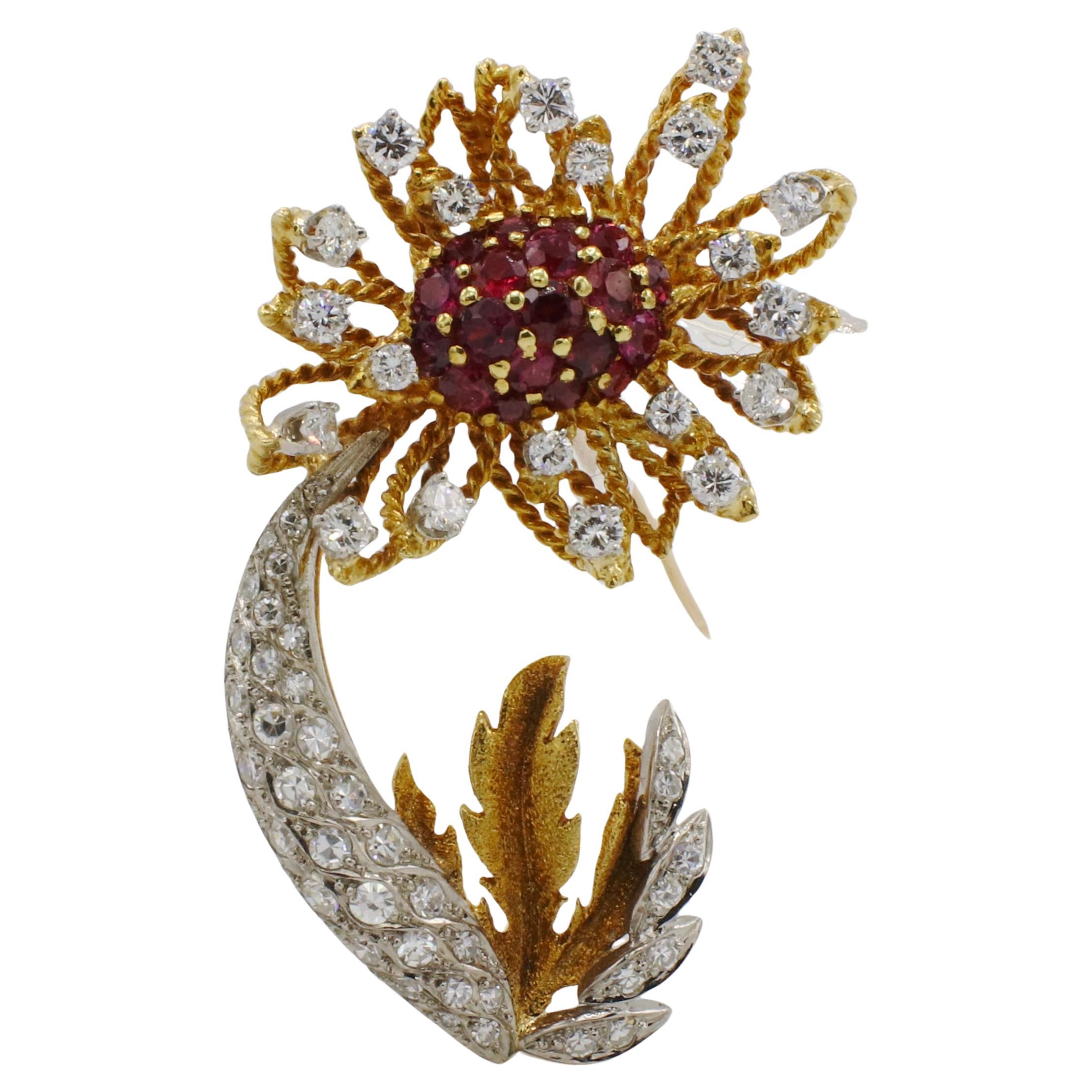 Retro 18 Karat Yellow Gold Natural Diamond
Ruby Flower Brooch Pin