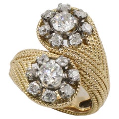 Retro 18 Karat Yellow Gold Old European Cut Natural Diamond Bypass Ring