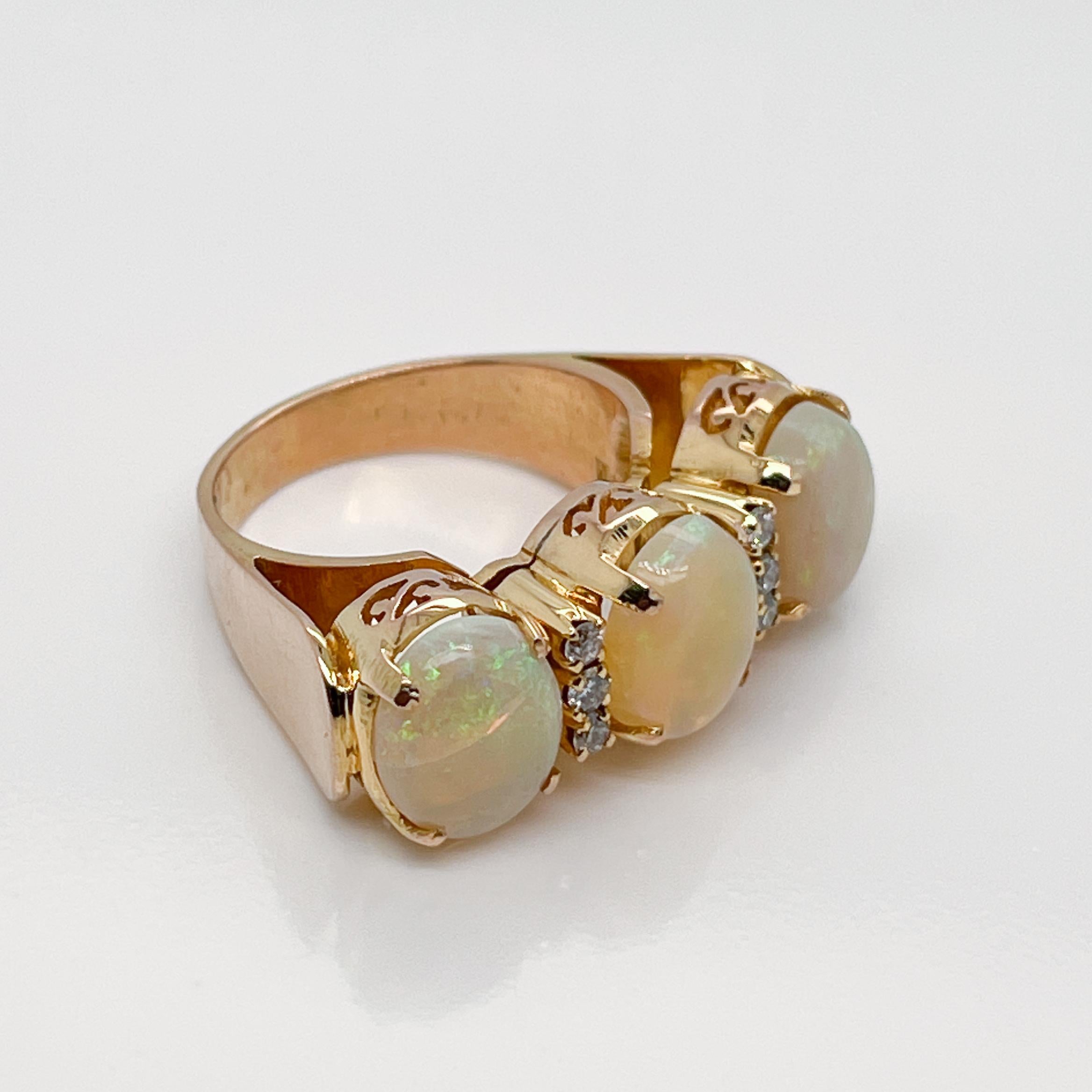 Retro 18 Karat Yellow Gold Opal and Diamond Three-Stone Cocktail Ring For Sale 6