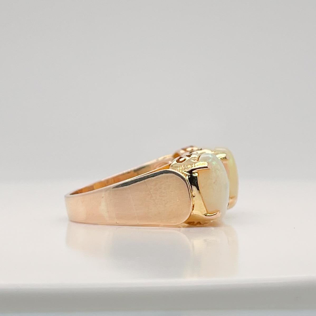 Women's Retro 18 Karat Yellow Gold Opal and Diamond Three-Stone Cocktail Ring For Sale