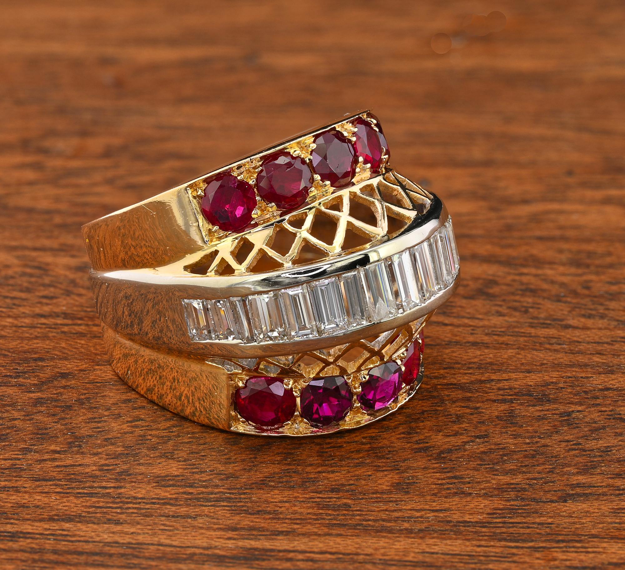 Taille baguette Bague rétro 1,80 ct diamant 2,50 ct rubis Bold Ring en vente