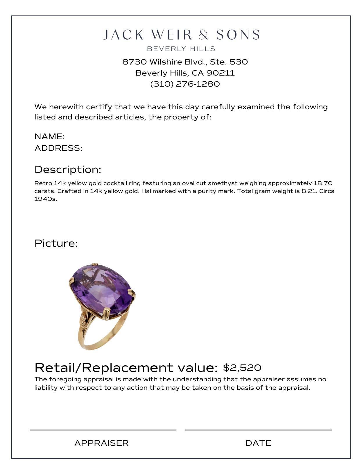 Women's Retro 18.70 carat amethyst 14k yellow gold cocktail ring