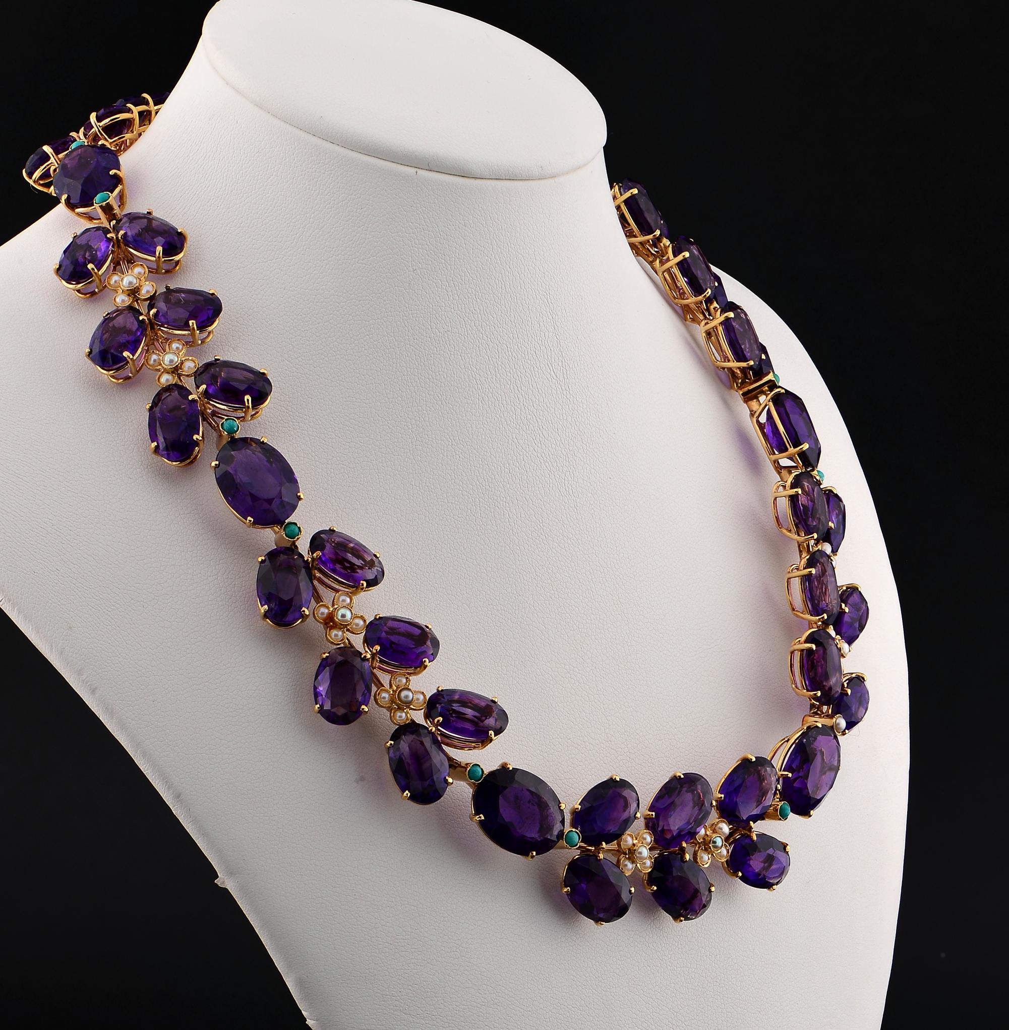 Retro 189.00 Ct Natural Amethyst Baby Pearl Turquoise Necklace In Good Condition For Sale In Napoli, IT