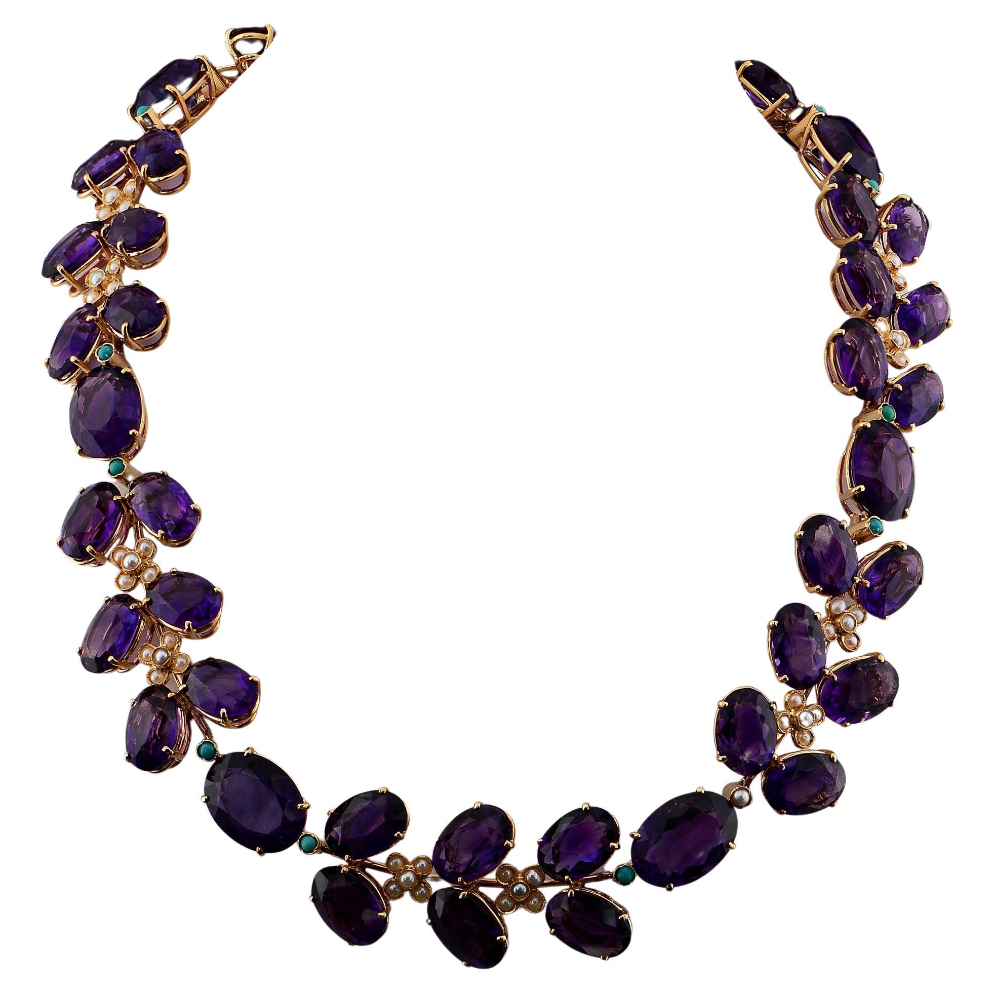 Retro 189.00 Ct Natural Amethyst Baby Pearl Turquoise Necklace For Sale