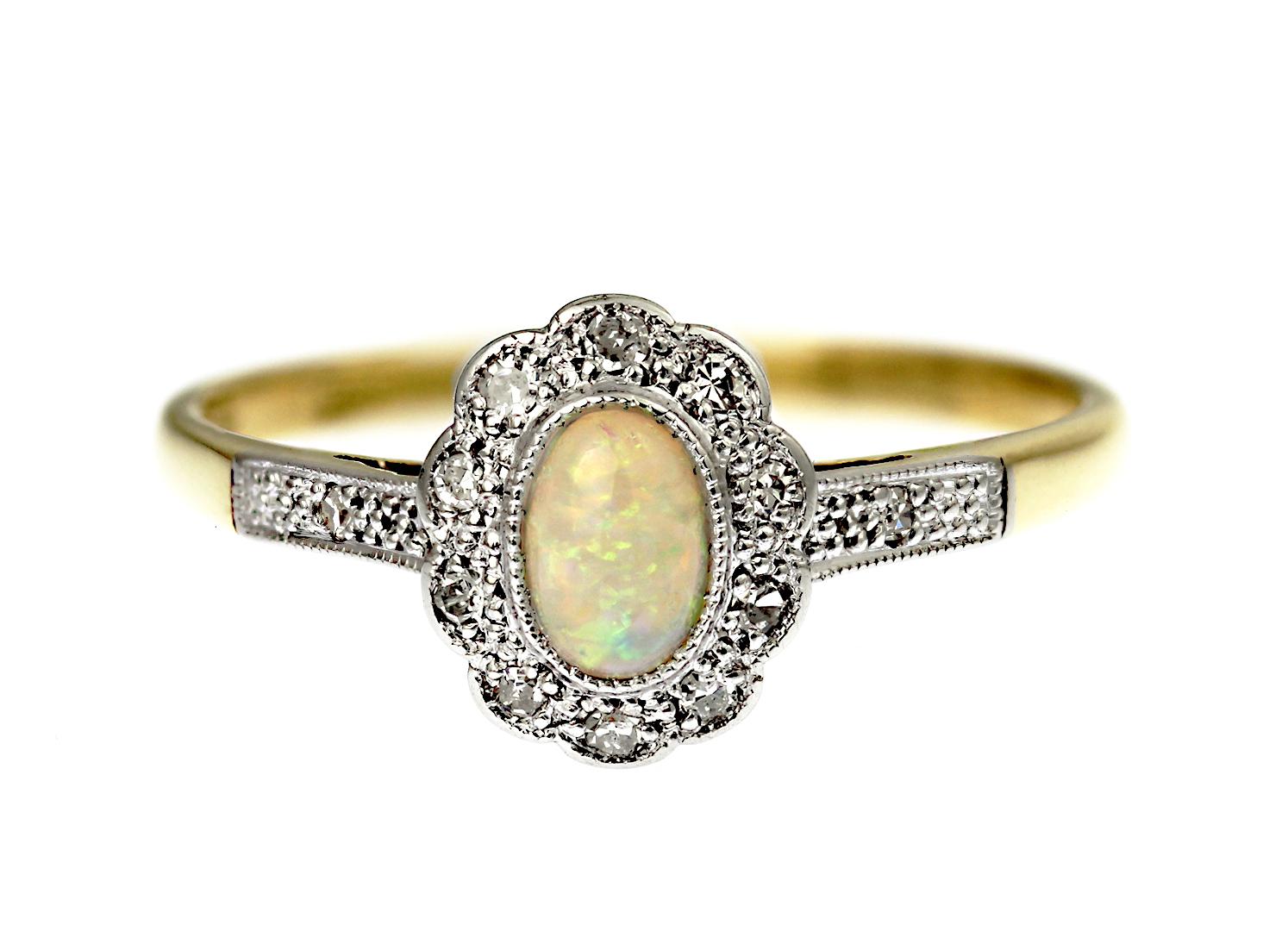 Round Cut Retro, 18ct yellow gold and platinum, opal and diamond cluster ring, size O1/2 For Sale