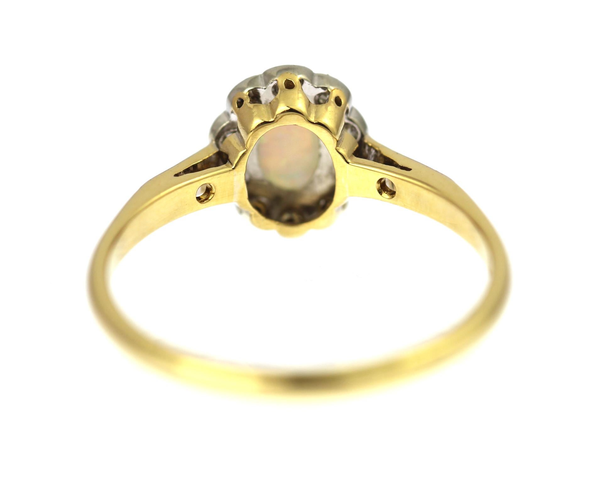 Women's Retro, 18ct yellow gold and platinum, opal and diamond cluster ring, size O1/2 For Sale