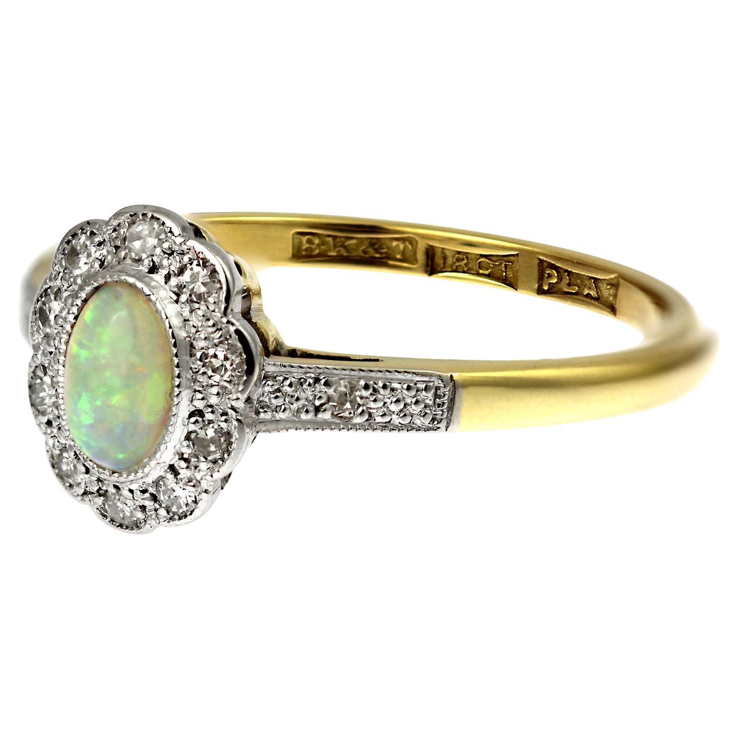 Retro, 18ct yellow gold and platinum, opal and diamond cluster ring, size O1/2 For Sale