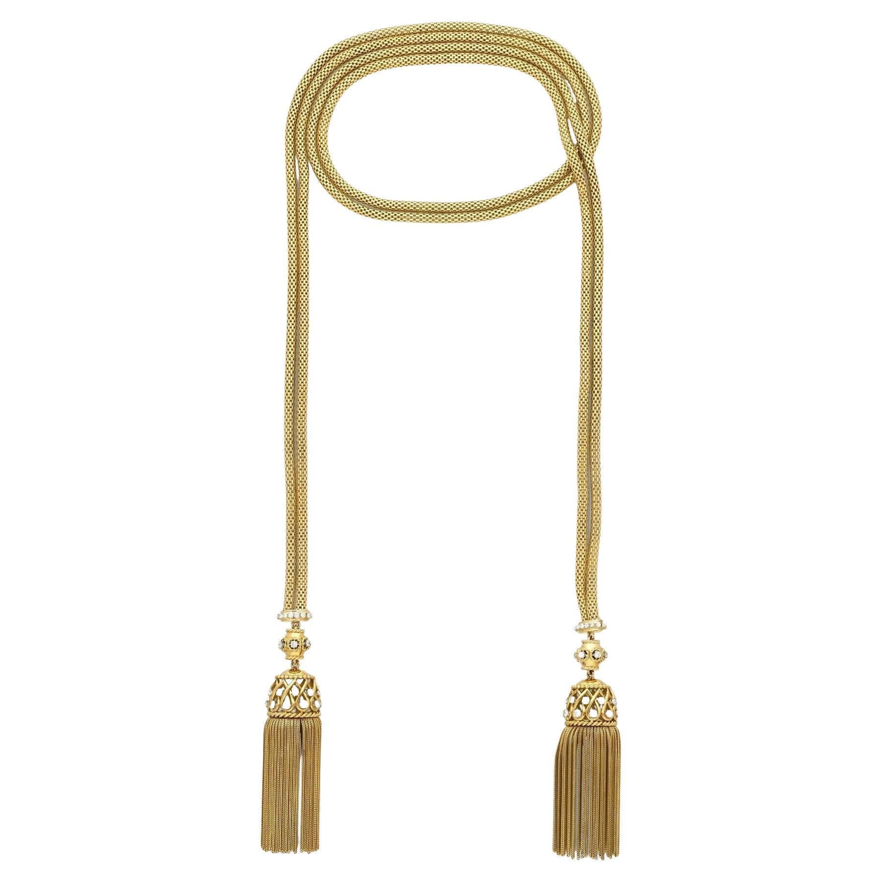 Collana Sautoir retrò con nappe in oro giallo 18ct e diamanti, circa i950