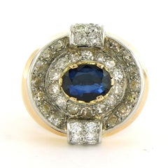 Retro 18k Bicolour Gold Cocktail Ring with Sapphire and Diamonds