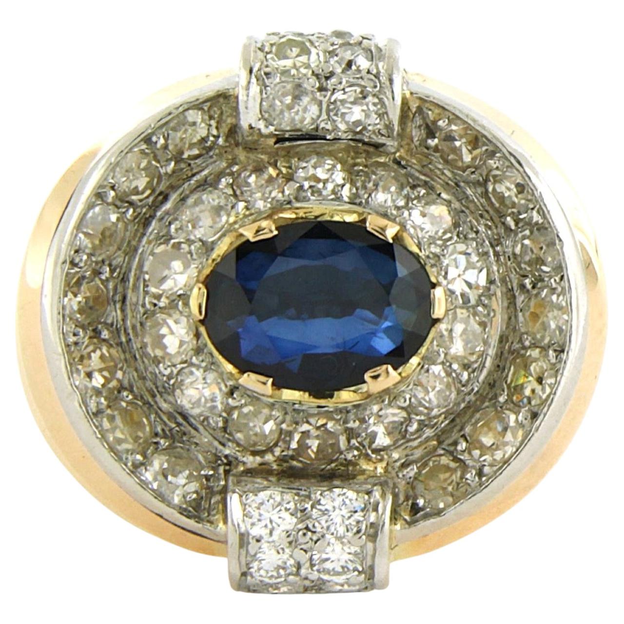 Retro 18k Bicolour Gold Cocktail Ring with Sapphire and Diamonds