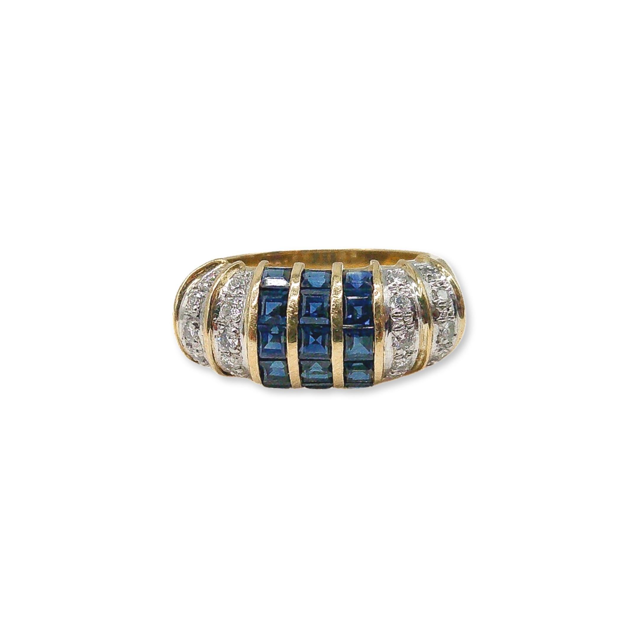 Step into a world of opulence and wonder, where the brilliance of diamonds dances in perfect harmony with the deep allure of the sapphires. Influenced by the everlasting charm of vintage style, this Retro Diamond and Sapphire Domed Ring is a