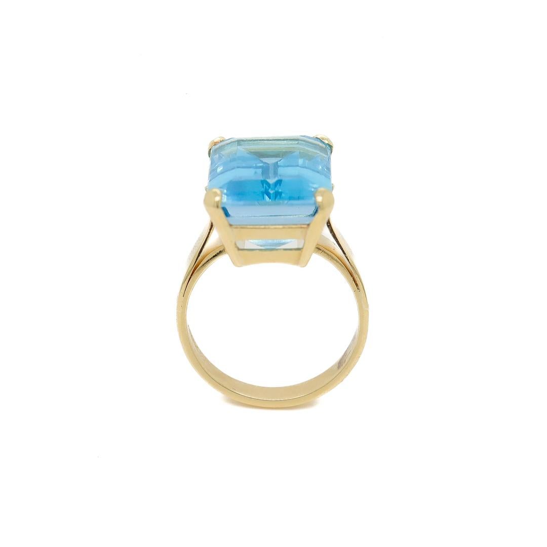 Retro 18K Gold and Emerald Cut Blue Topaz Cocktail Ring For Sale 9