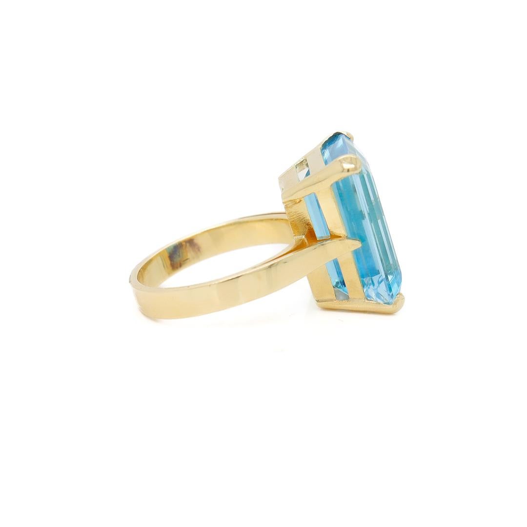 Retro 18K Gold and Emerald Cut Blue Topaz Cocktail Ring For Sale 4
